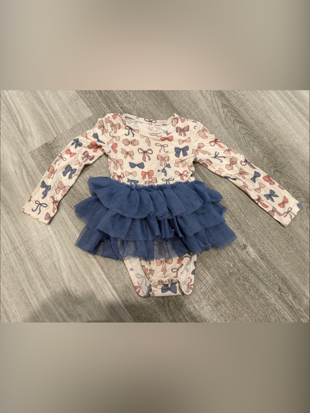 Posh Peanut Bow Print Cream Long Sleeve Bodysuit with Tulle Skirt